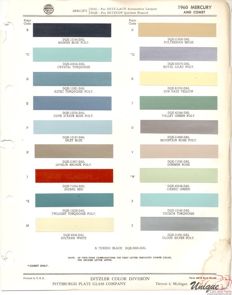 1960 Mercury Comet Paint Charts PPG